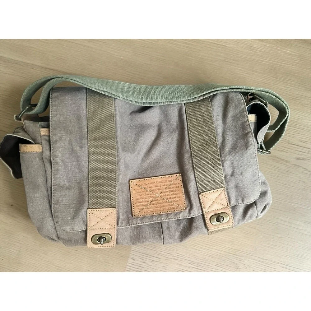 Fossil‎ Military Olive Canvas Leather Messenger Utility Laptop Bag Turnlock